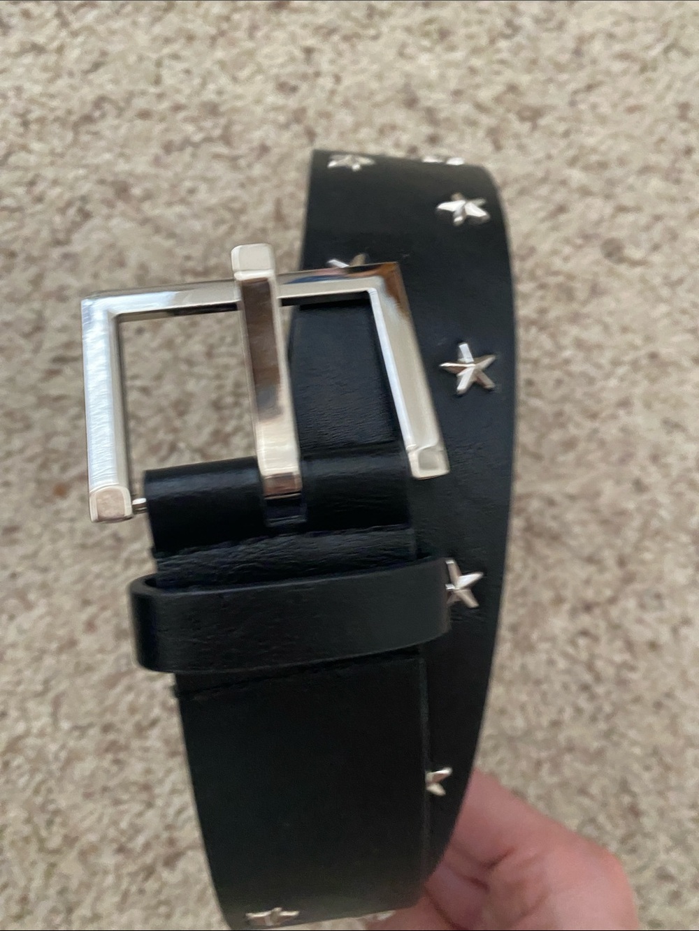 Black Star-Studded Leather Belt with Silver Buckle